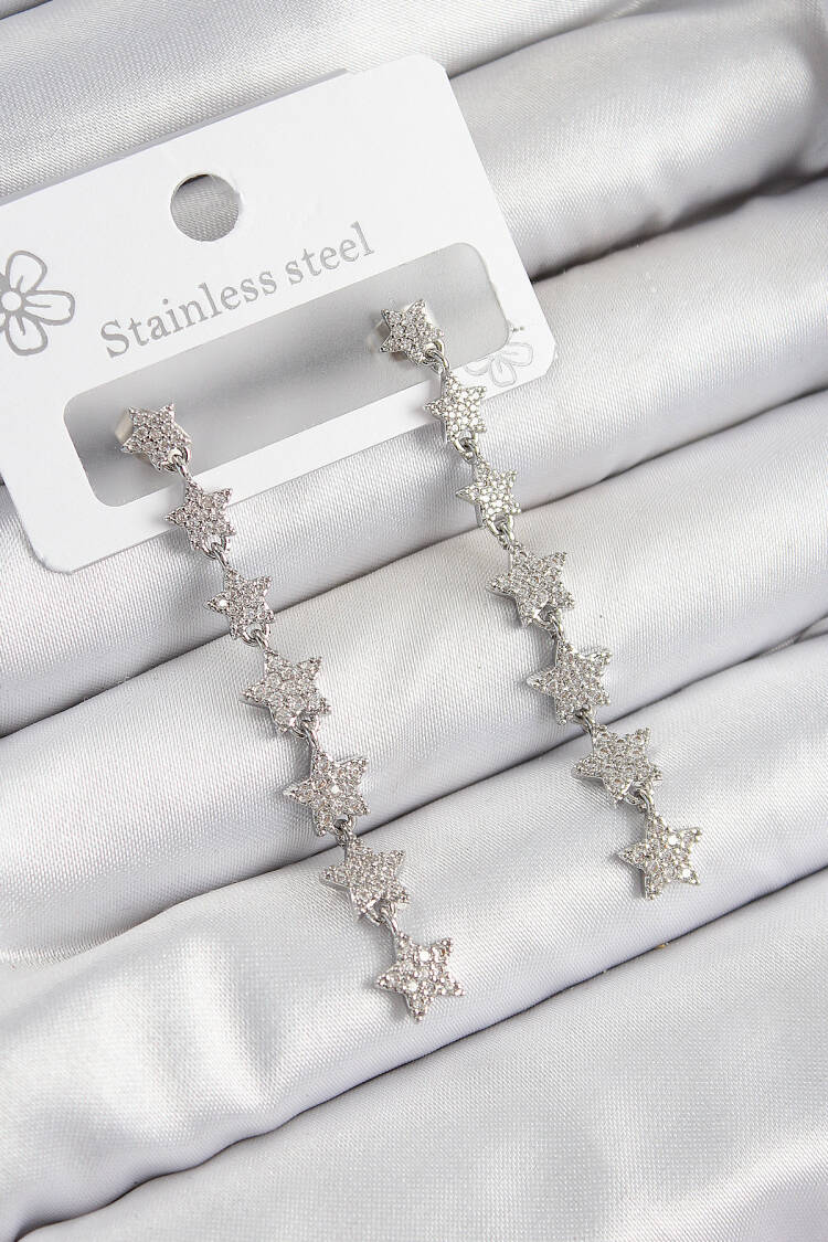 Brass Zircon Stone Swinging Star Pattern Silver Color Women's Earrings - Brand: Ebijuteri - Women's Clothing Wholesale - Globality Store