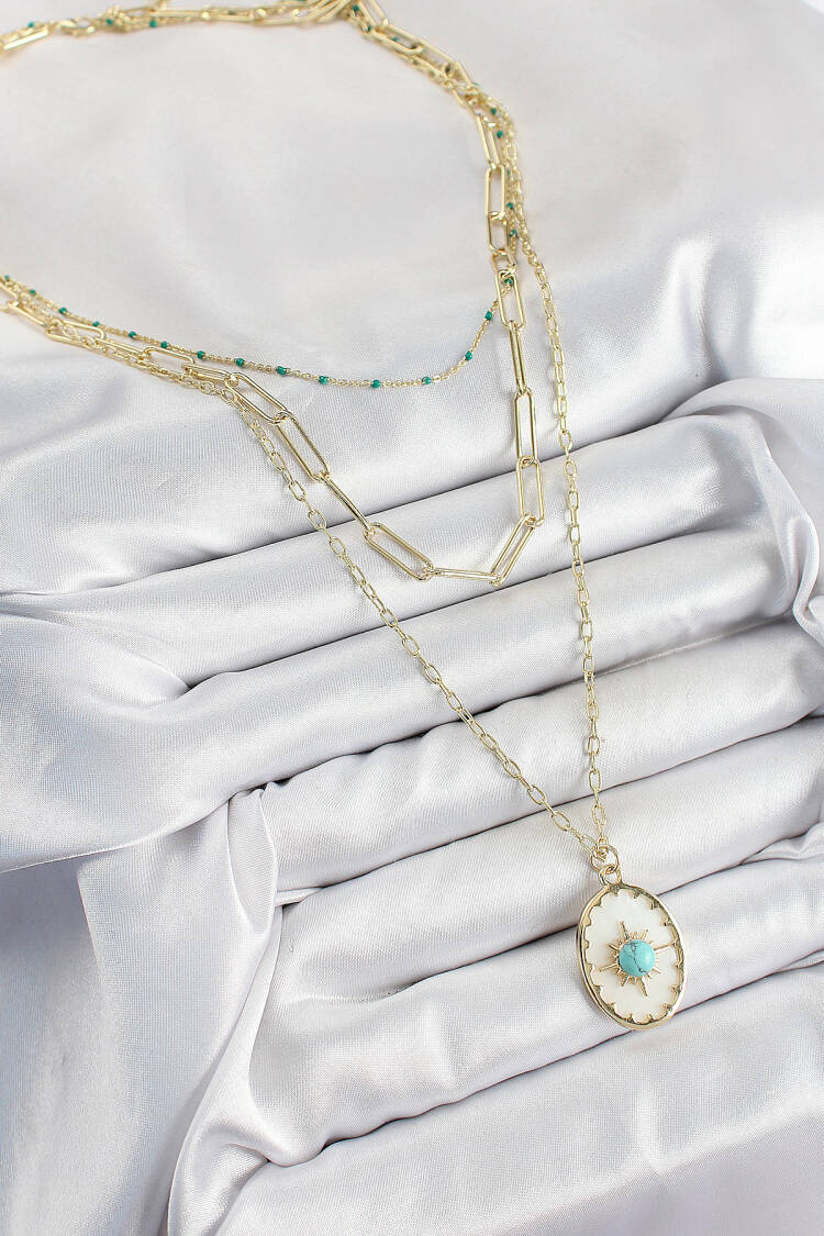 Brass Multi Chain Blue Beaded Compass Model Gold Color Women Necklace