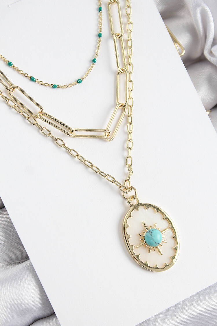 Brass Multi Chain Blue Beaded Compass Model Gold Color Women Necklace - Brand: Ebijuteri - Women's Clothing Wholesale - Globality Store
