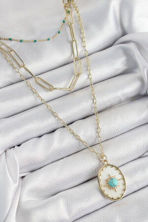 Brass Multi Chain Blue Beaded Compass Model Gold Color Women Necklace - Brand: Ebijuteri - Women's Clothing Wholesale - Globality Store