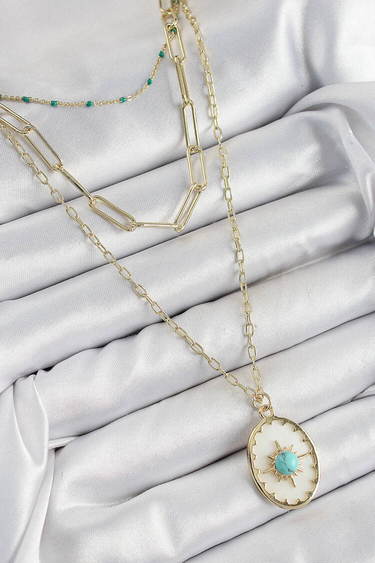 Brass Multi Chain Blue Beaded Compass Model Gold Color Women Necklace