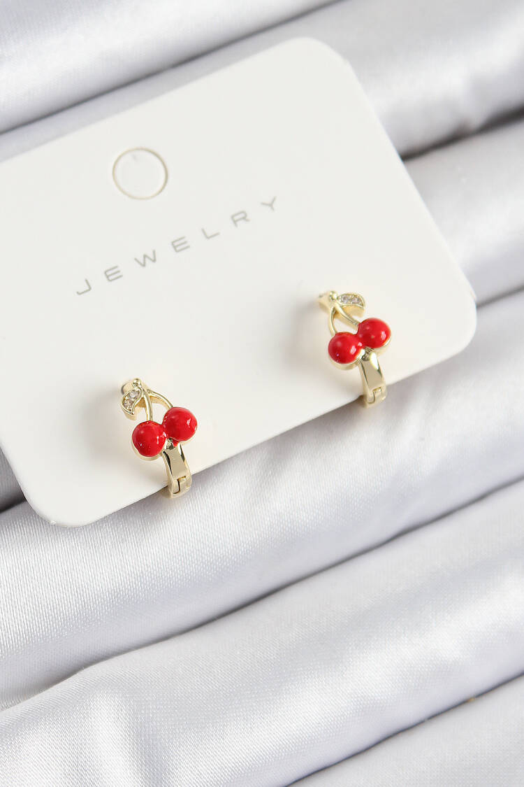 Brass Cherry Pattern Gold Color Kids Earrings - Brand: Ebijuteri - Women's Clothing Wholesale - Globality Store