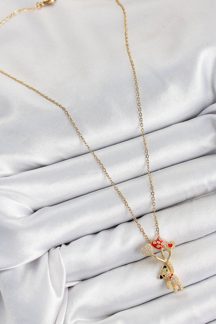 316l Steel Zircon Stone Flying Balloon Teddy Bear Model Gold Color Women Necklace