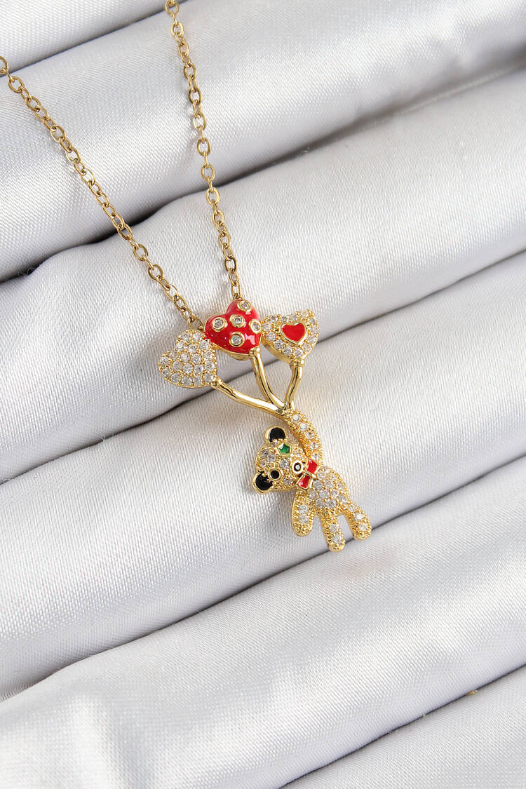 316l Steel Zircon Stone Flying Balloon Teddy Bear Model Gold Color Women Necklace - Brand: Ebijuteri - Women's Clothing Wholesale - Globality Store