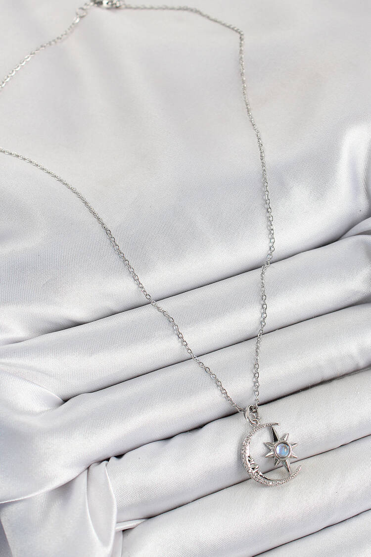 316l Steel Zircon Stone Pole Starry Crescent Model Silver Color Women Necklace