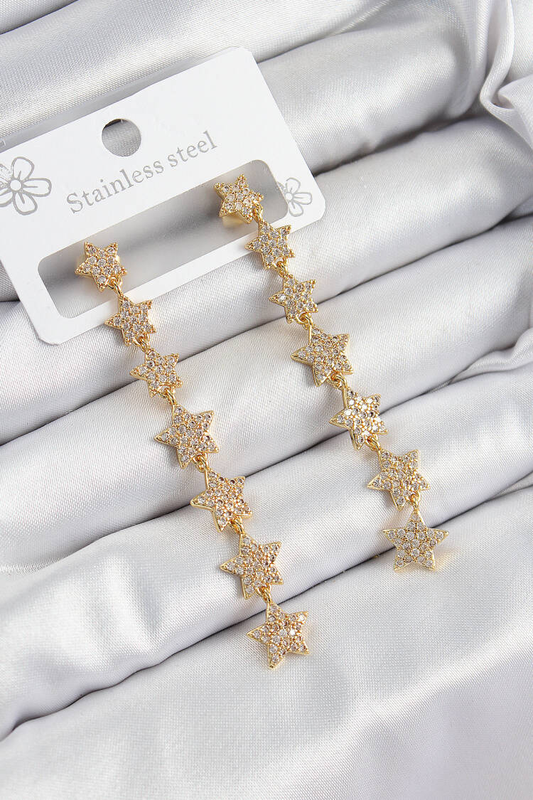 Brass Zircon Stone Swinging Star Model Gold Color Women's Earrings - Brand: Ebijuteri - Women's Clothing Wholesale - Globality Store