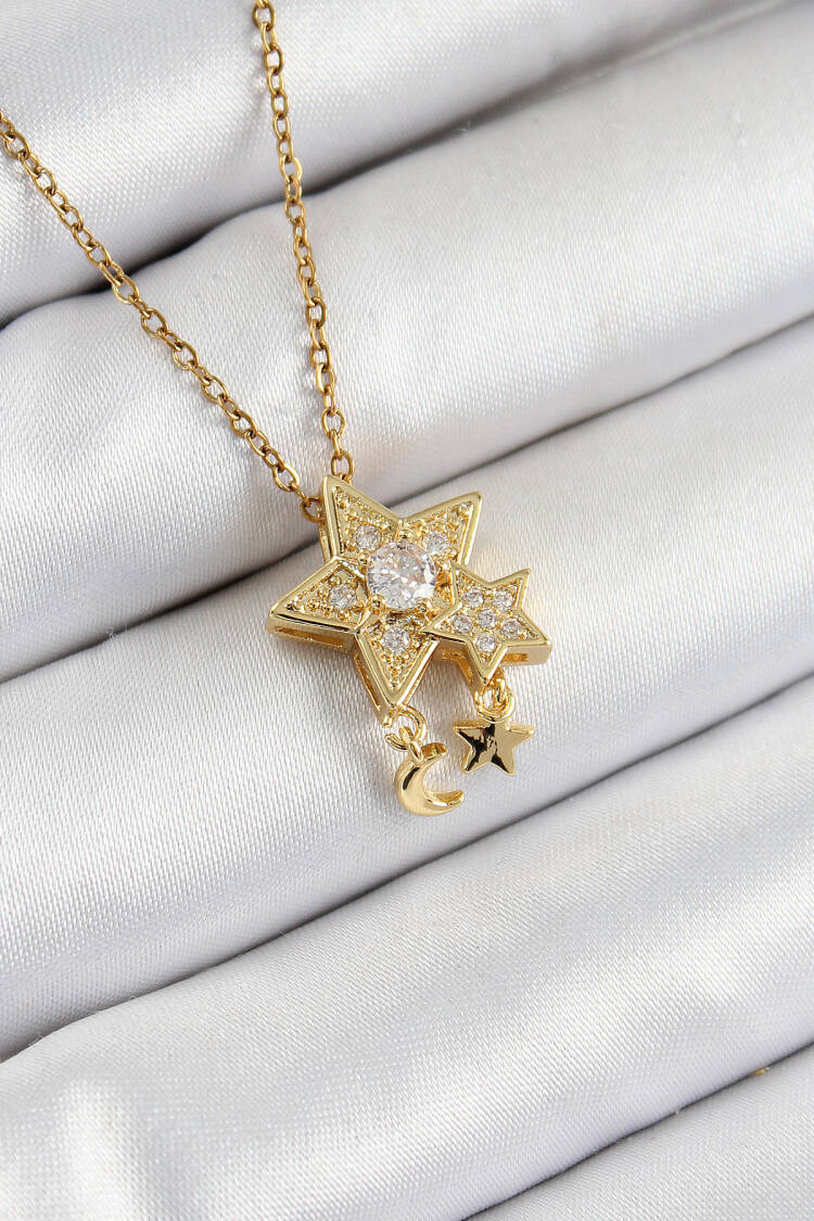 316l Steel Zircon Stone Rocking Star Model Gold Color Women Necklace - Brand: Ebijuteri - Women's Clothing Wholesale - Globality Store