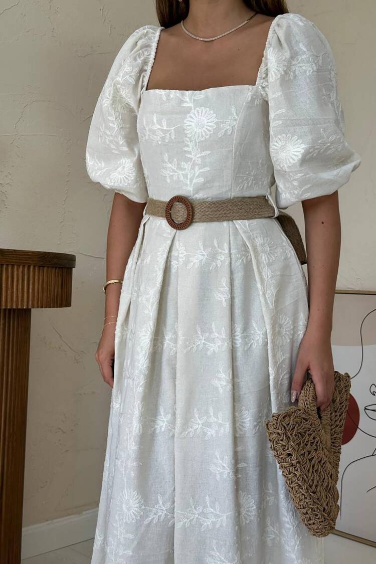 White A-Line Midi Dress With Floral Puff Sleeves