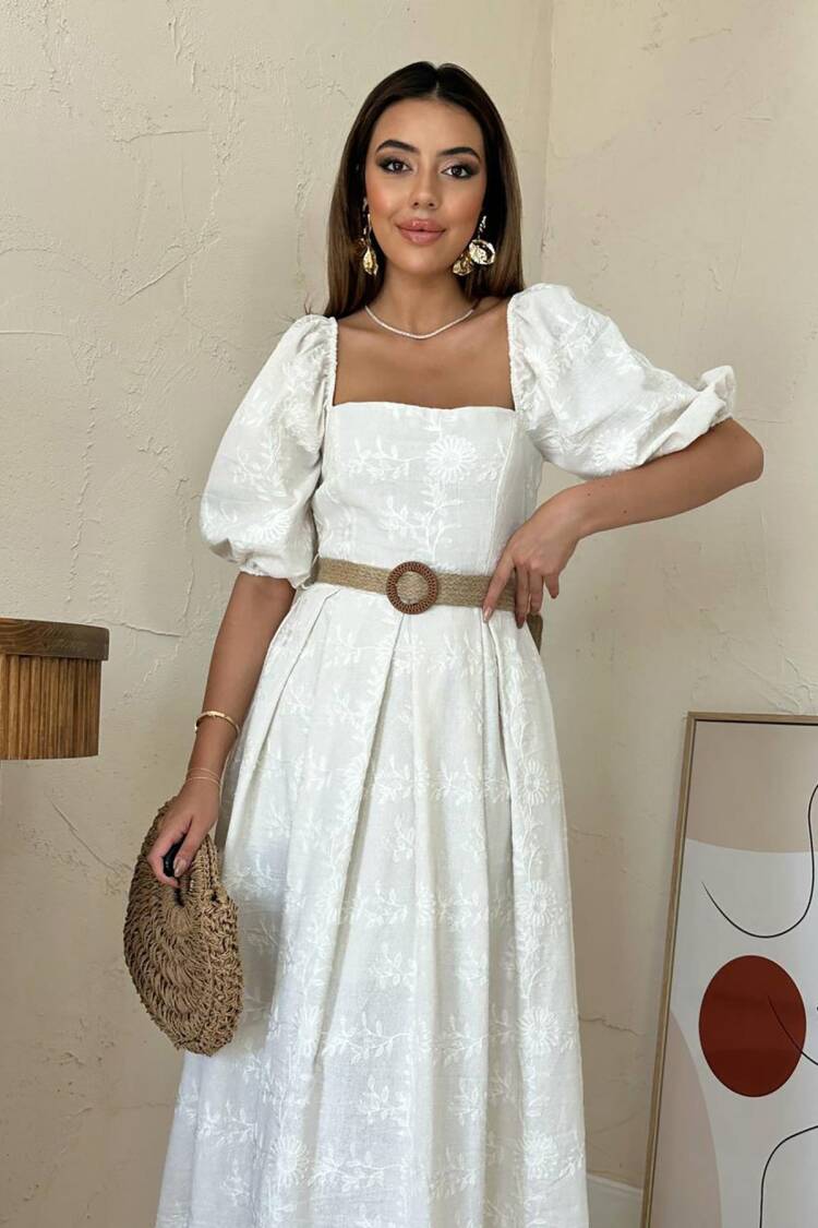 White A-Line Midi Dress With Floral Puff Sleeves