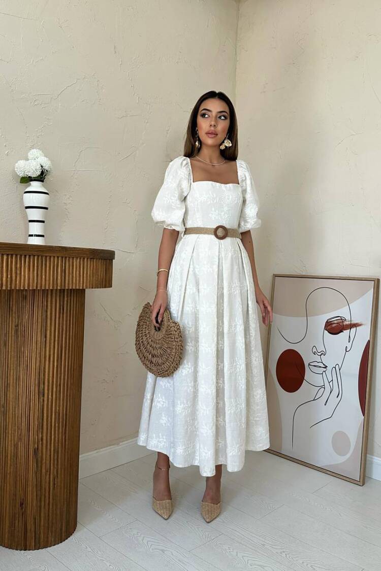 White A-Line Midi Dress With Floral Puff Sleeves