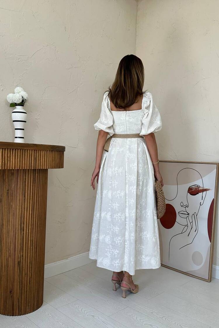 White A-Line Midi Dress With Floral Puff Sleeves