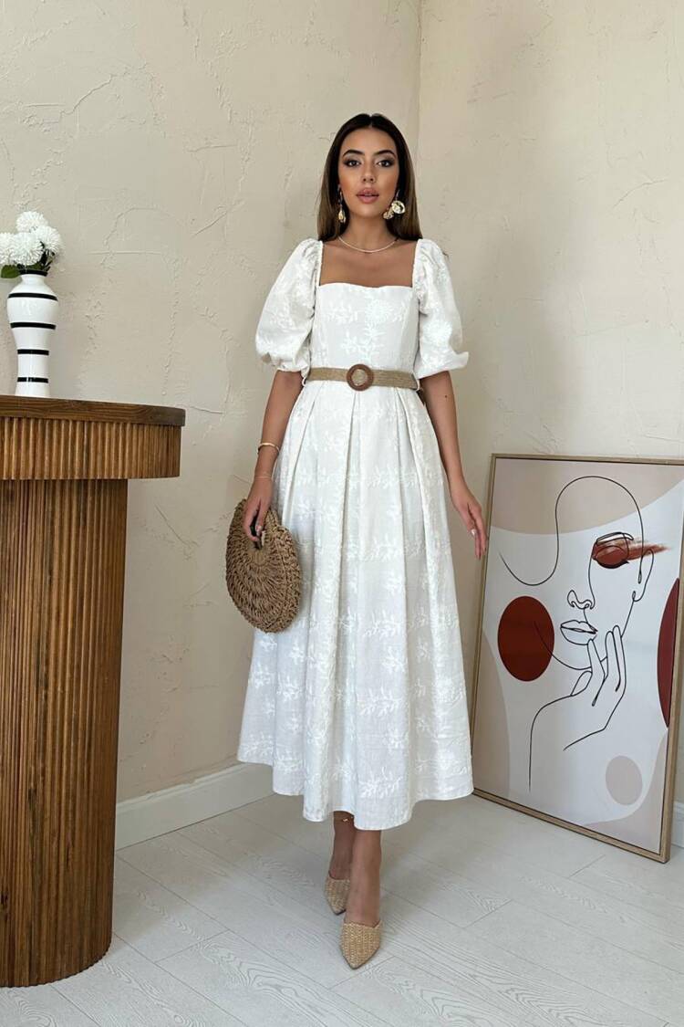 White A-Line Midi Dress With Floral Puff Sleeves