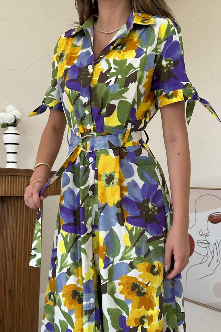 Yellow Floral Shirt Dress With Ruffle Sleeves