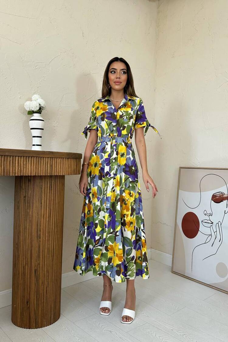 Yellow Floral Shirt Dress With Ruffle Sleeves