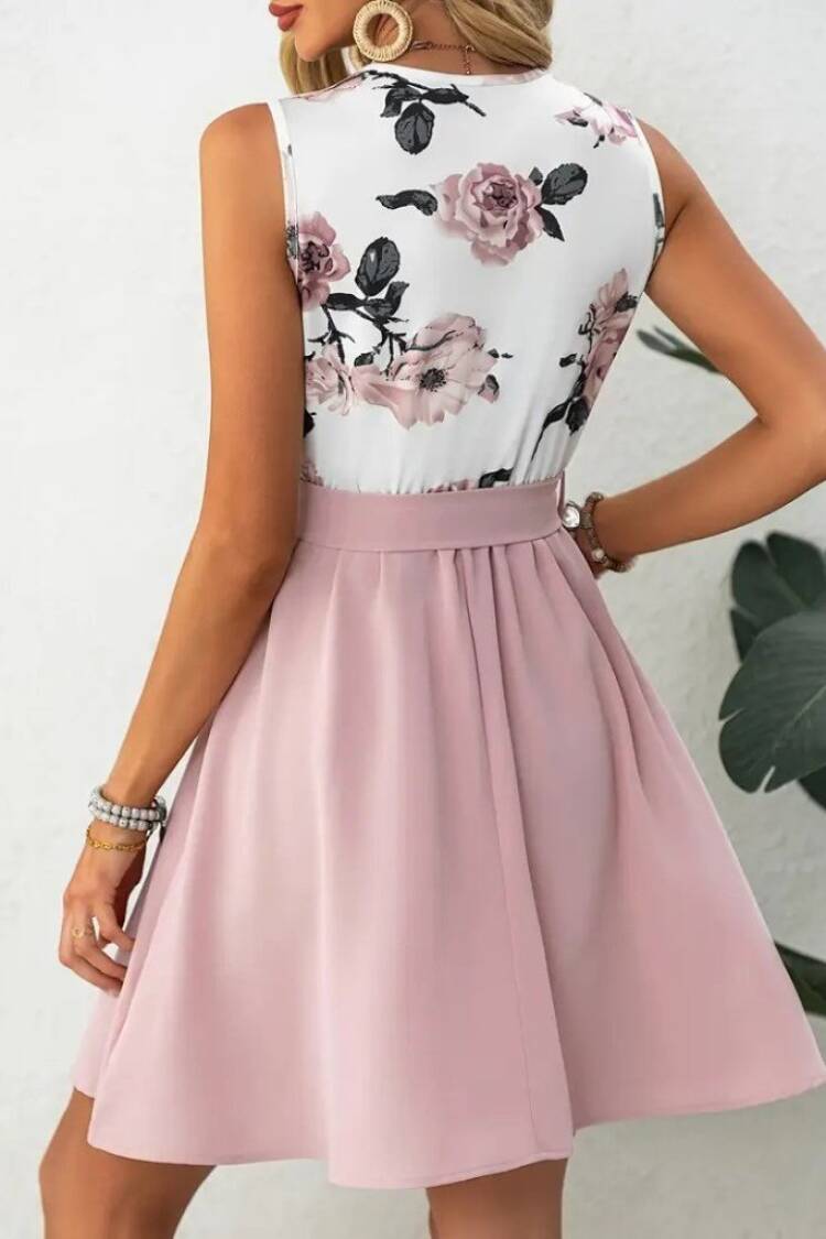 Pink Fit And Flare Dress With Floral V-Neck