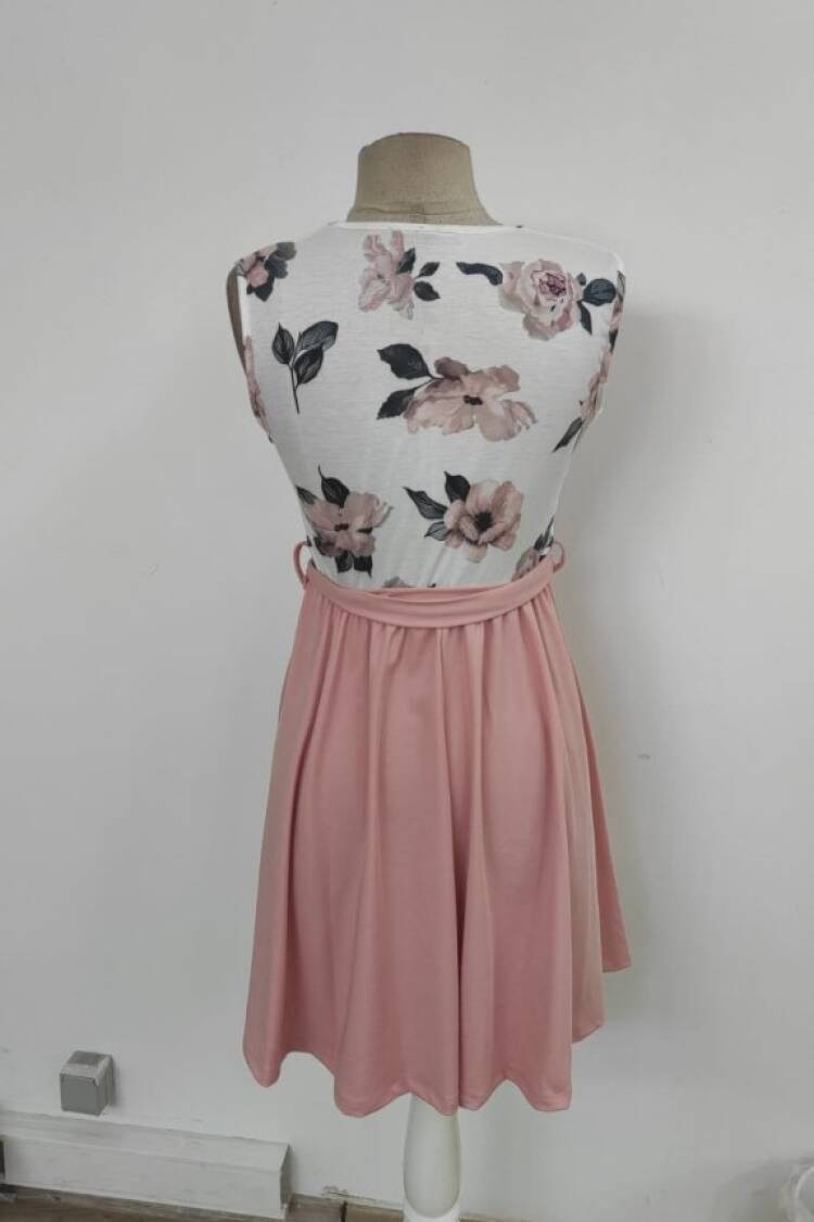 Pink Fit And Flare Dress With Floral V-Neck