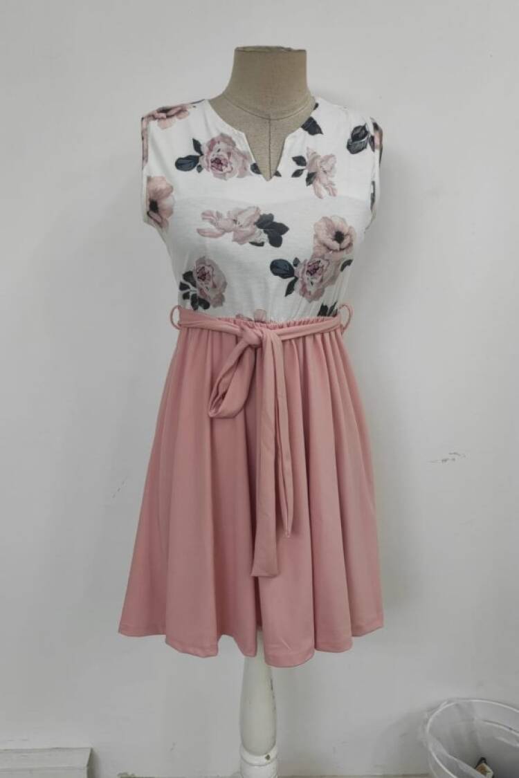 Pink Fit And Flare Dress With Floral V-Neck