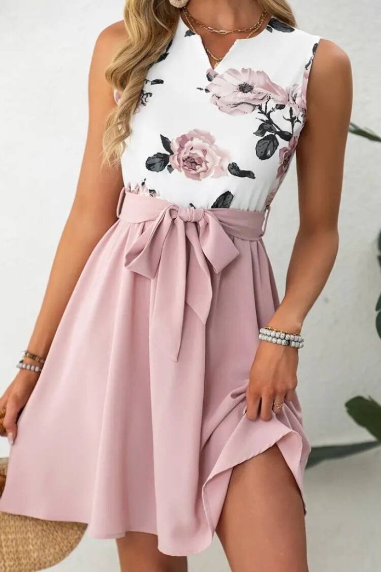 Pink Fit And Flare Dress With Floral V-Neck