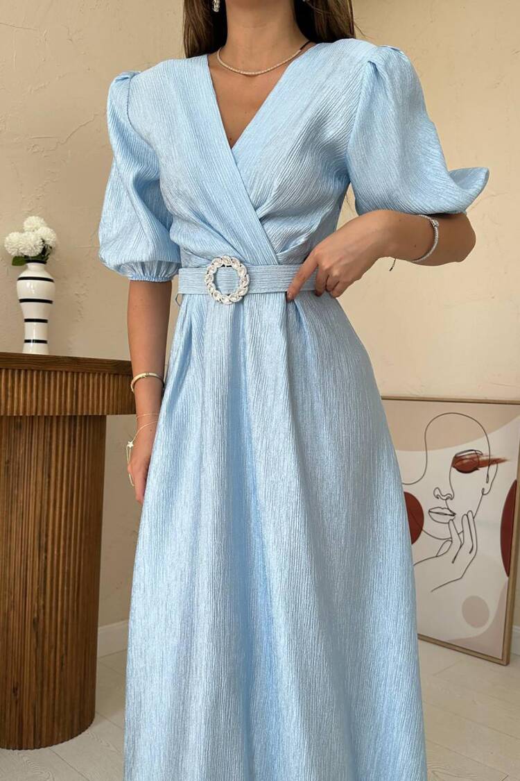 ElegantWrap Dress With Puff Half Sleeves
