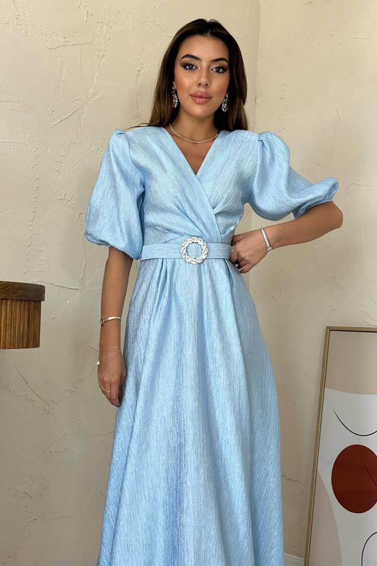 ElegantWrap Dress With Puff Half Sleeves