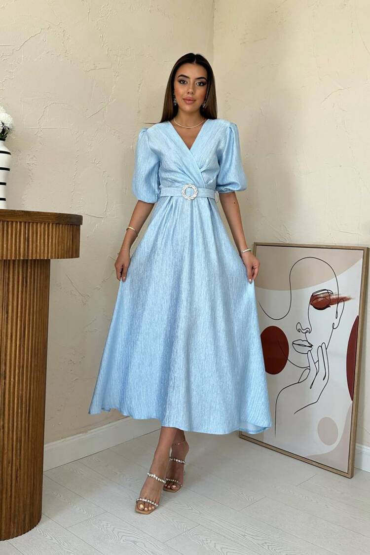 ElegantWrap Dress With Puff Half Sleeves