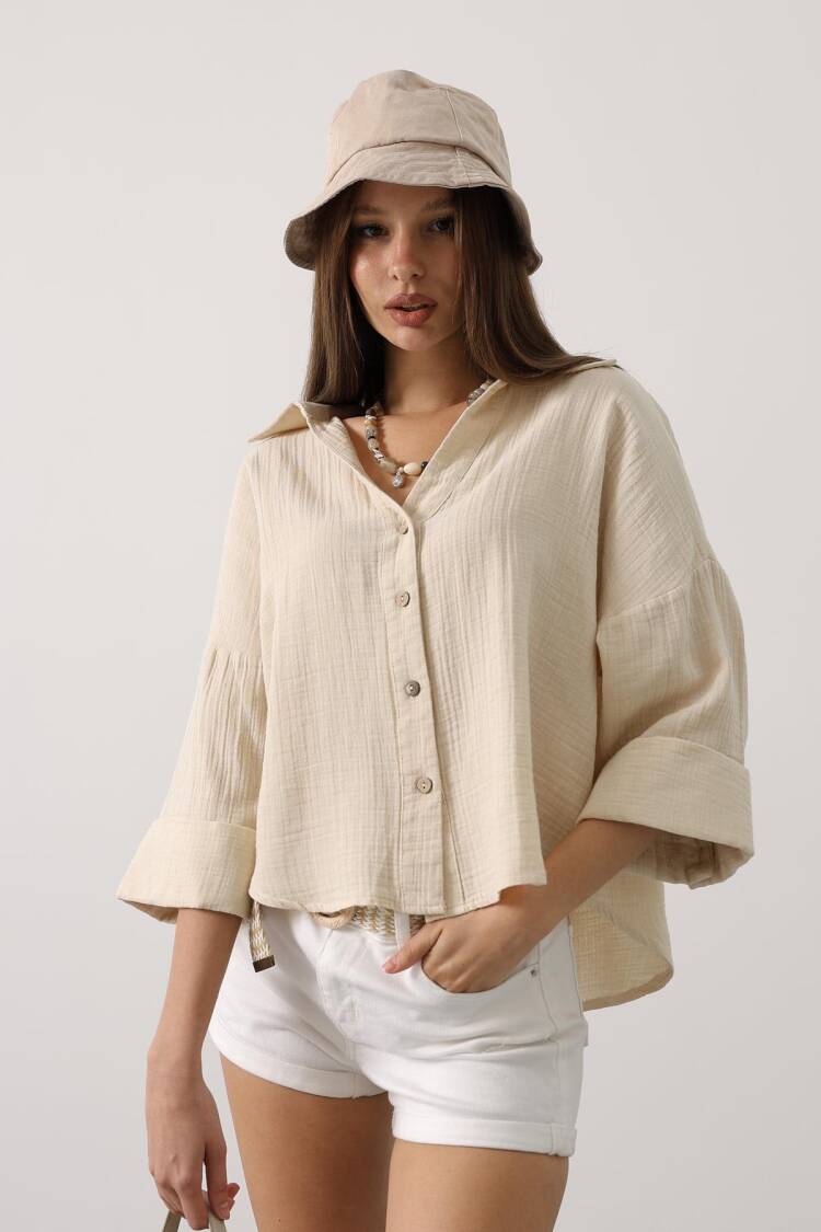 Beige Casual Oversized Shirt With Notched Neck