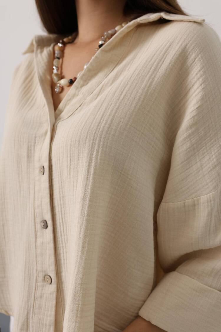 Beige Casual Oversized Shirt With Notched Neck