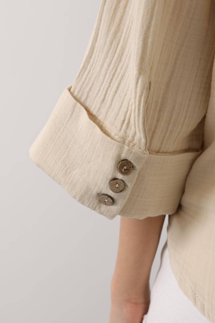Beige Casual Oversized Shirt With Notched Neck