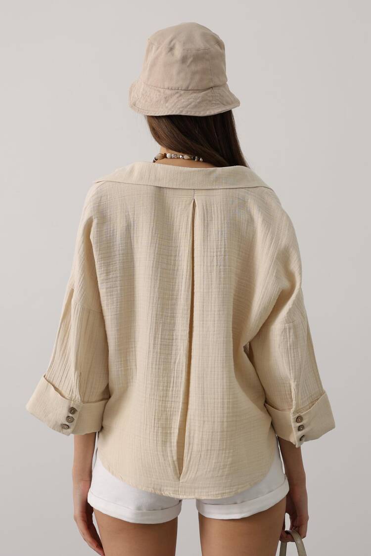 Beige Casual Oversized Shirt With Notched Neck