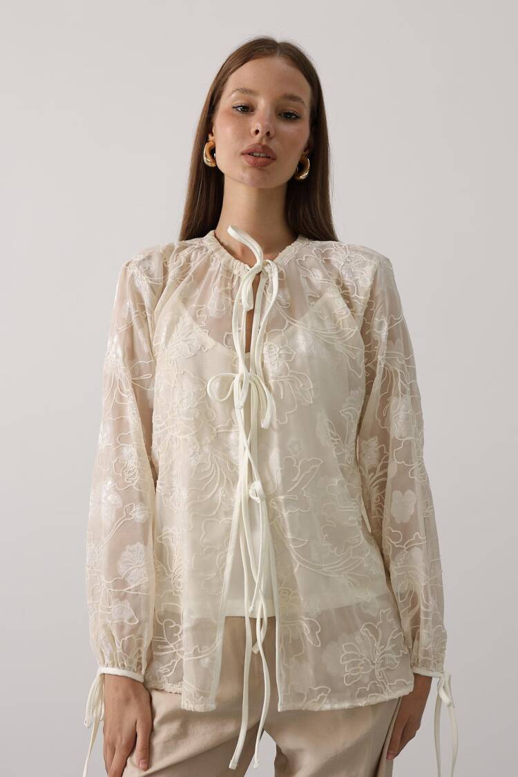 Beige Elegant Tie Closure Shirt