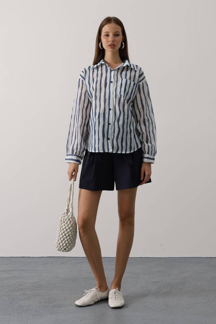 Blue Casual Striped Shirt With Notched Neck
