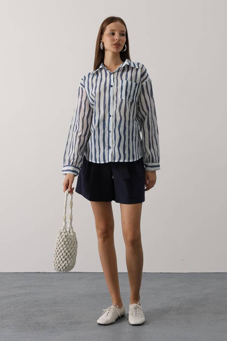 Blue Casual Striped Shirt With Notched Neck