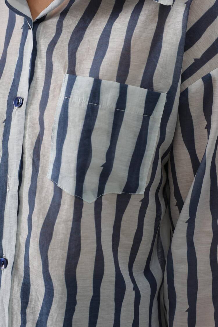 Blue Casual Striped Shirt With Notched Neck