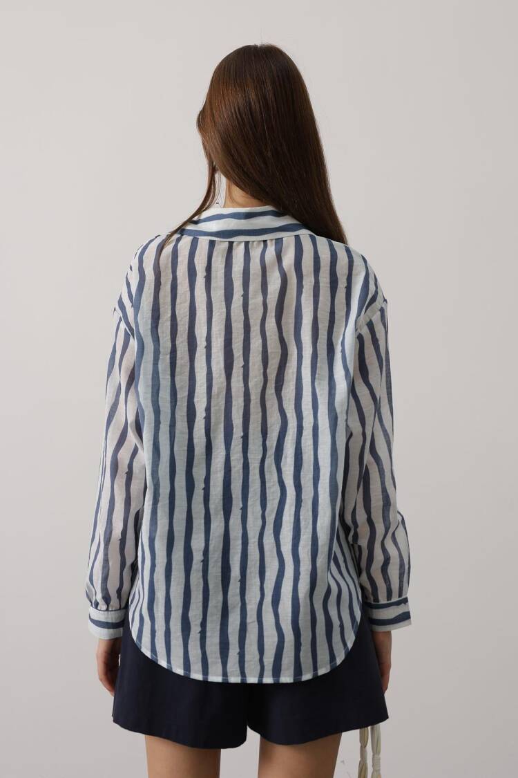 Blue Casual Striped Shirt With Notched Neck