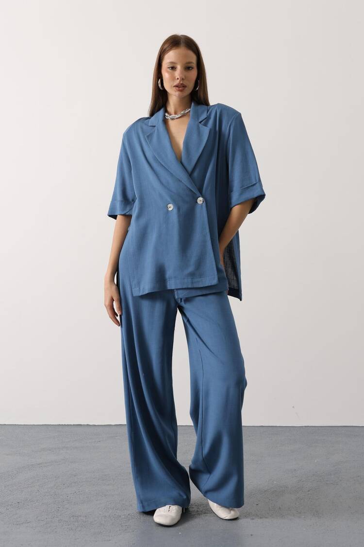 Blue Oversized Fit Palazzo Suit With Notched Neck