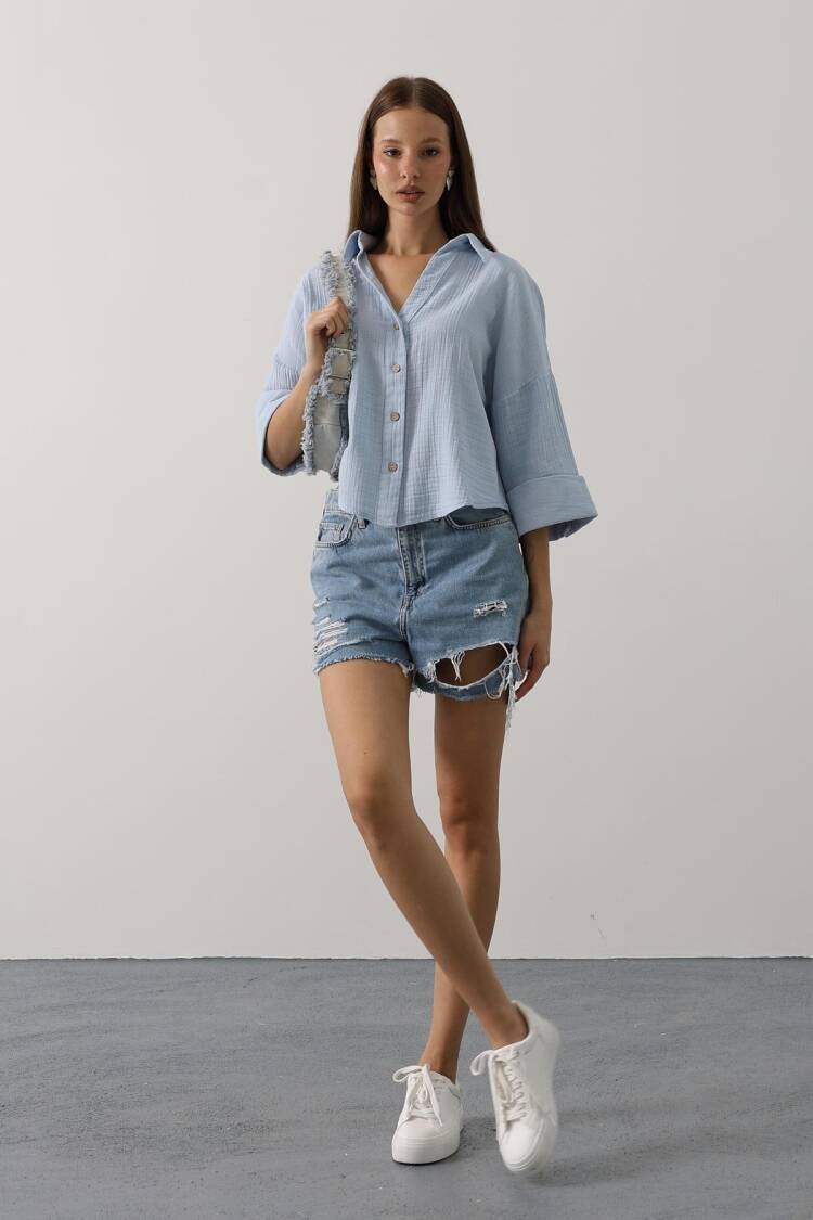 Casual Oversized V-Neck Buttoned Shirt 3/4 Sleeve