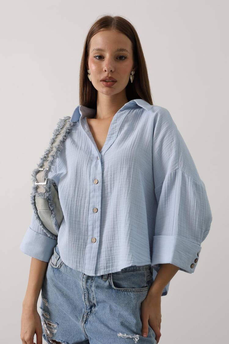 Casual Oversized V-Neck Buttoned Shirt 3/4 Sleeve