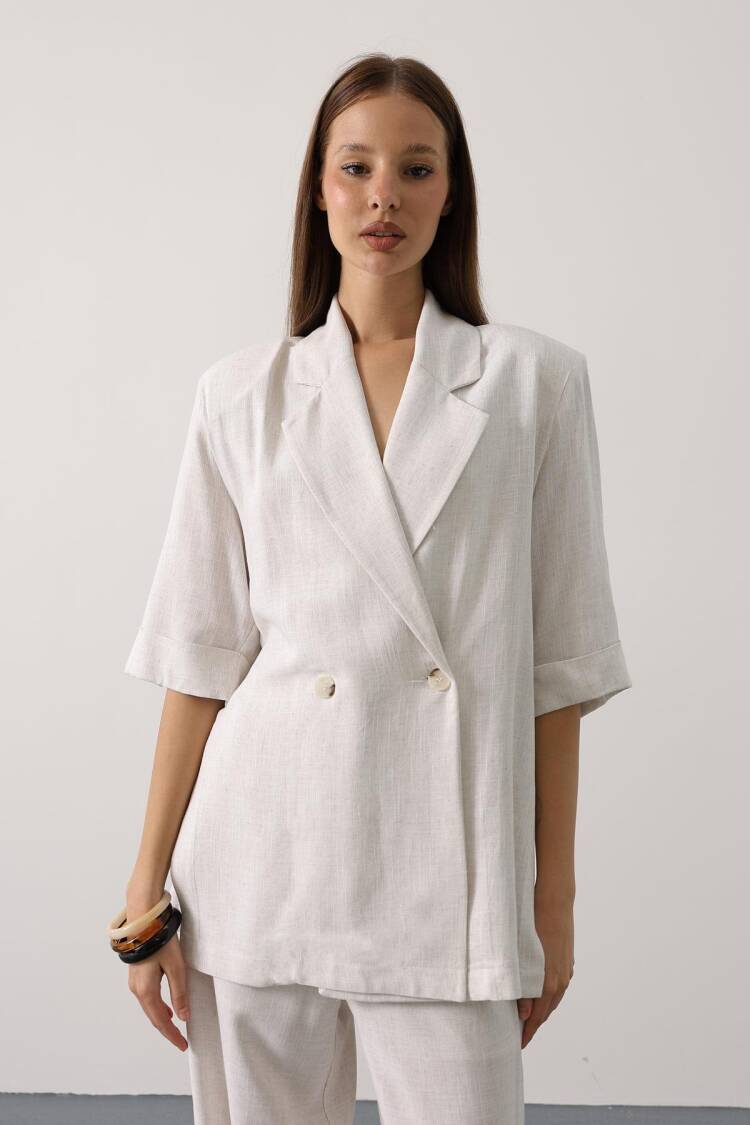 Beige Double-Breasted Blazer Jacket