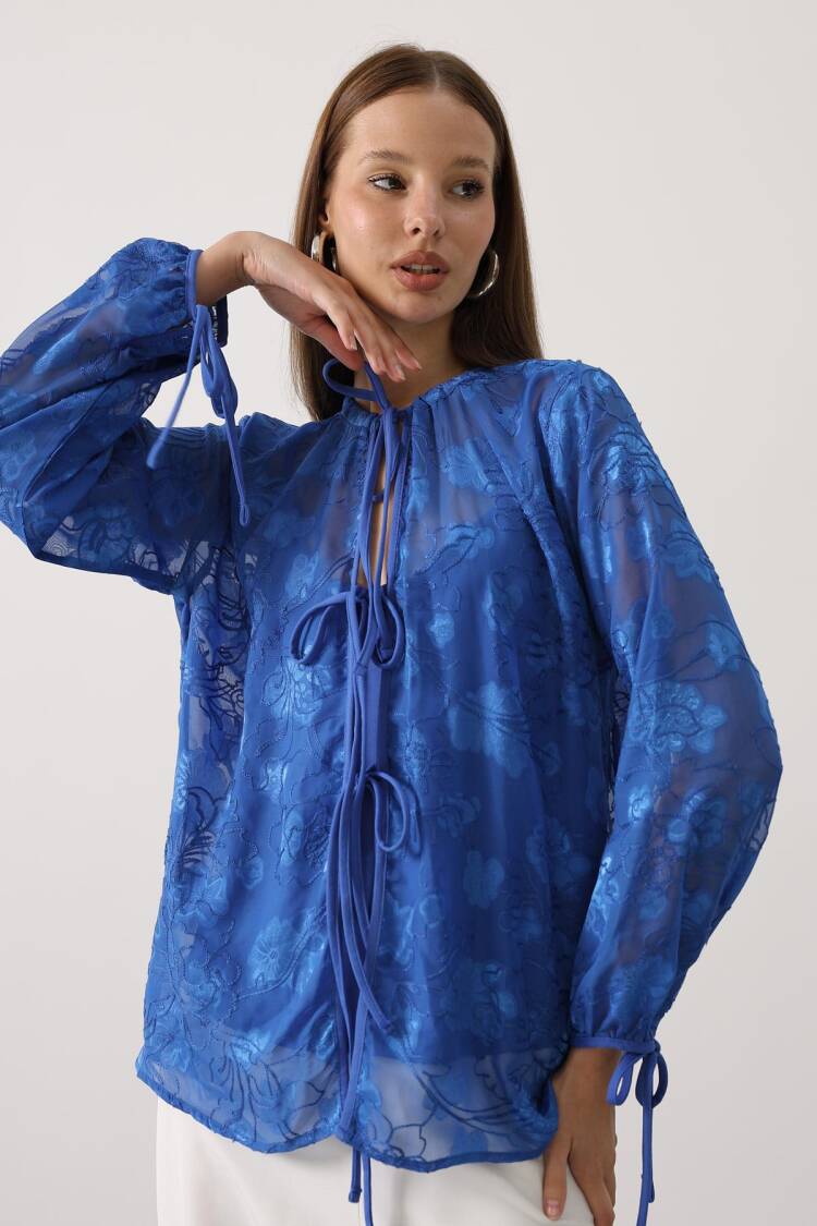Elegant Blue Floral Long Sleeve Blouse
