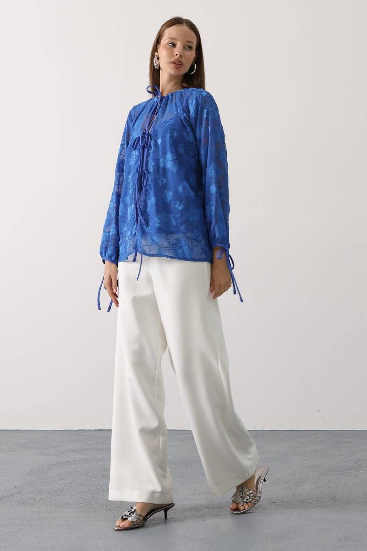 Elegant Blue Floral Long Sleeve Blouse