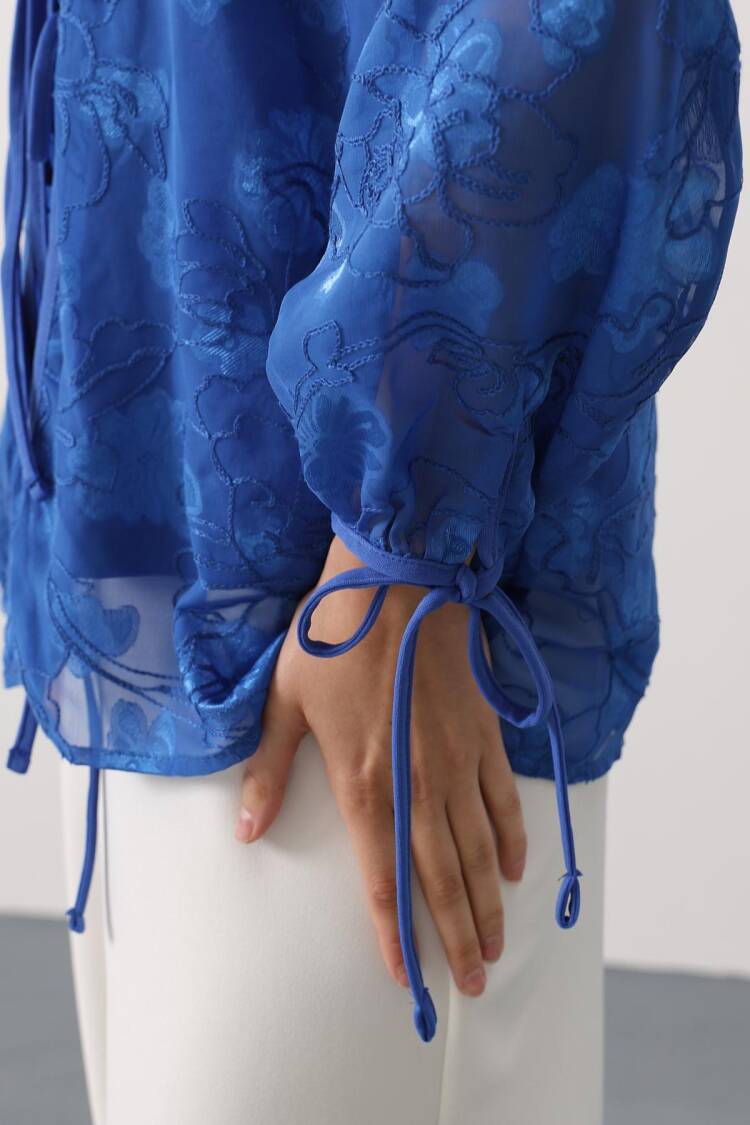 Elegant Blue Floral Long Sleeve Blouse