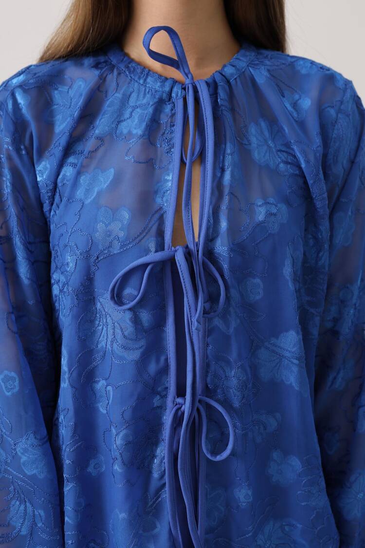 Elegant Blue Floral Long Sleeve Blouse