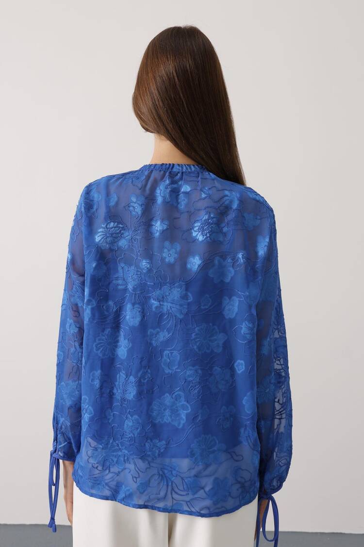Elegant Blue Floral Long Sleeve Blouse