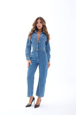 Blue Jumpsuit Boilersuit With Patch Pocket & Shawl Collar