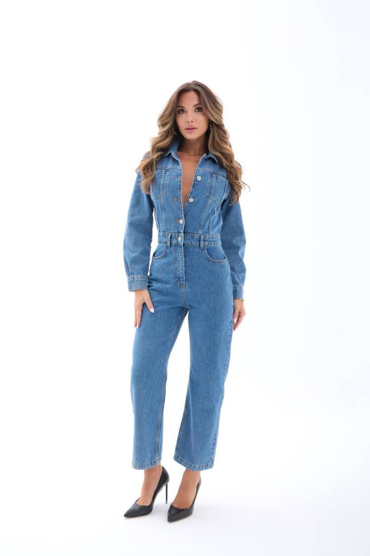 Blue Jumpsuit Boilersuit With Patch Pocket & Shawl Collar