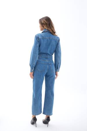 Blue Jumpsuit Boilersuit With Patch Pocket & Shawl Collar