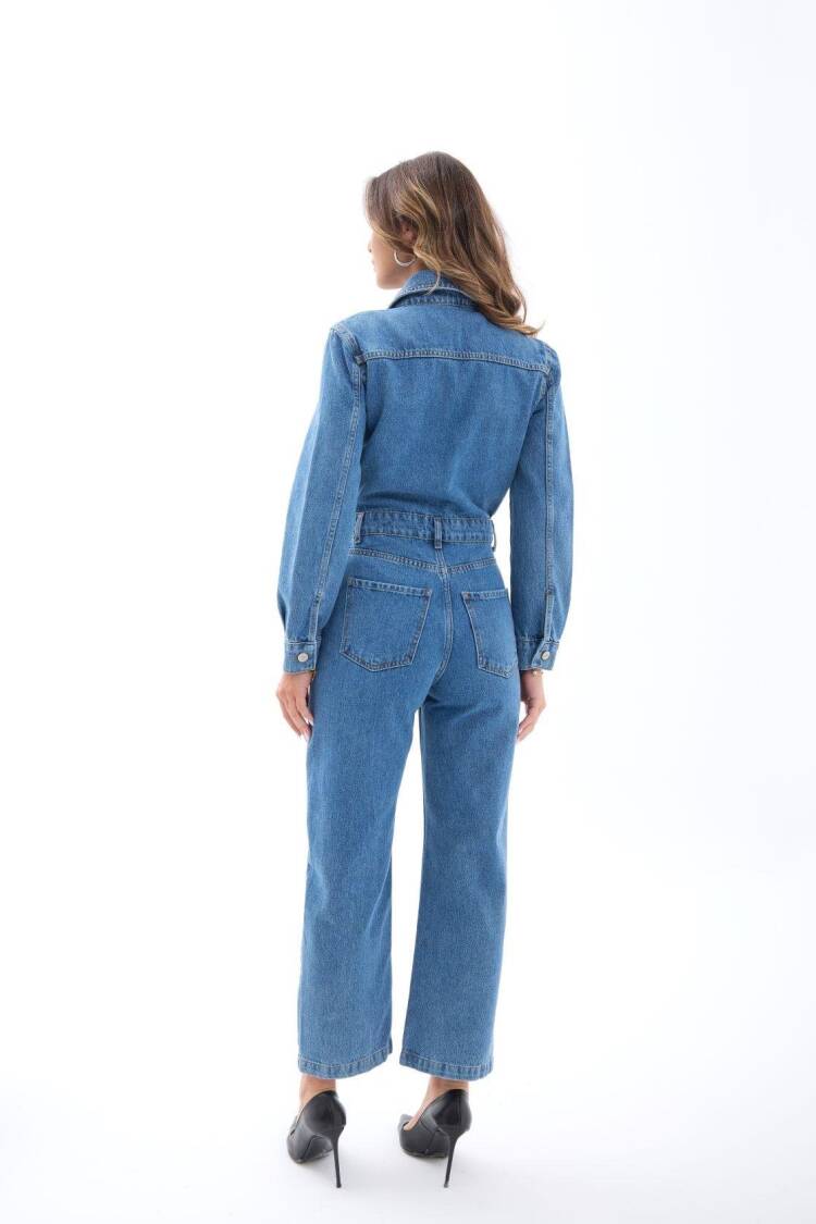 Blue Jumpsuit Boilersuit With Patch Pocket & Shawl Collar