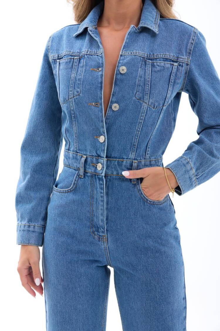 Blue Jumpsuit Boilersuit With Patch Pocket & Shawl Collar