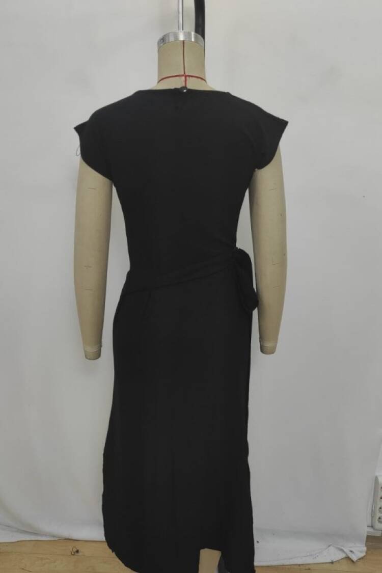 Midi Slit Dress With Cap SleevesRound Neck