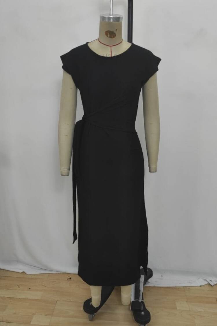 Midi Slit Dress With Cap SleevesRound Neck